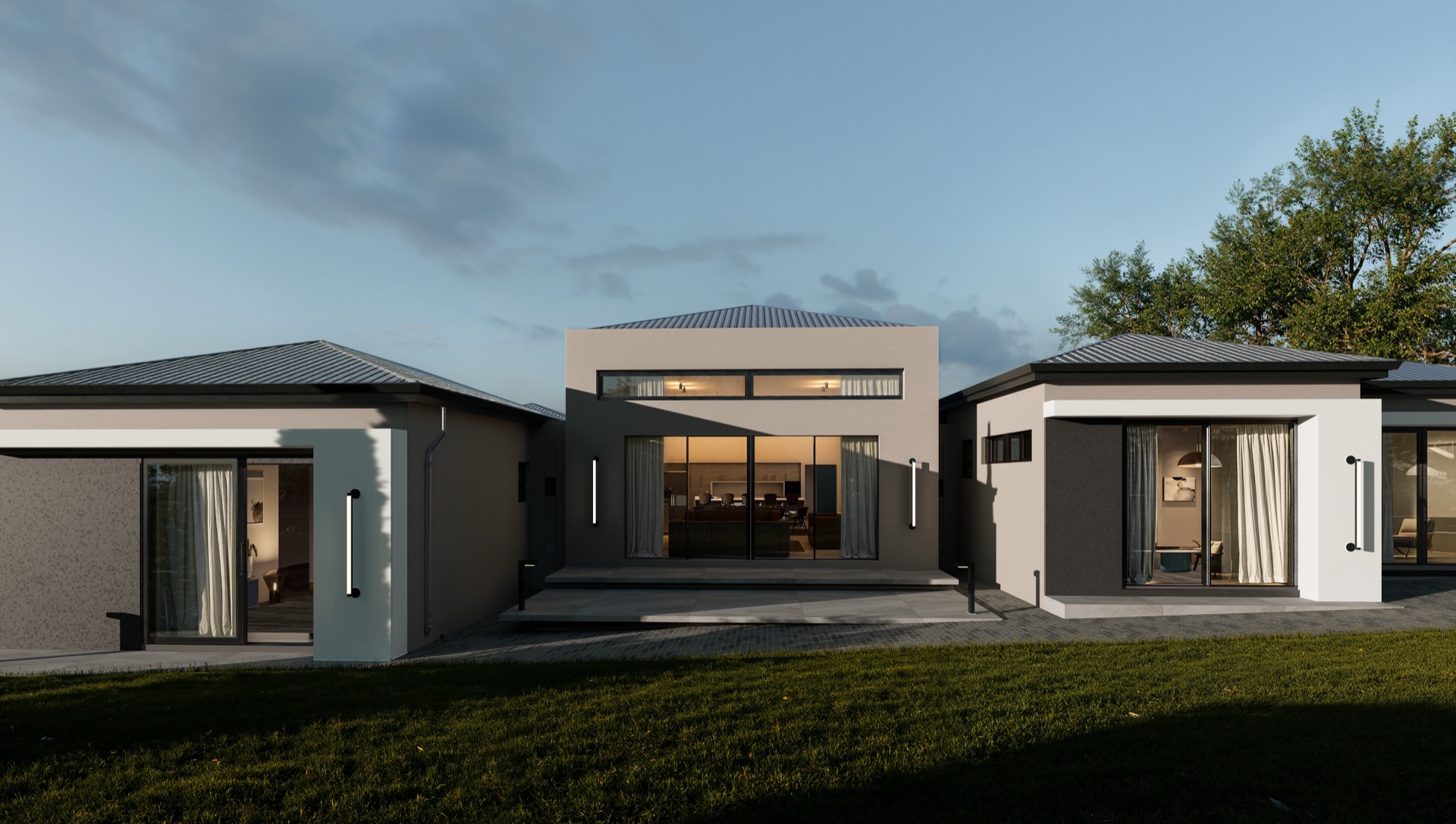 Rear pavilions at dusk