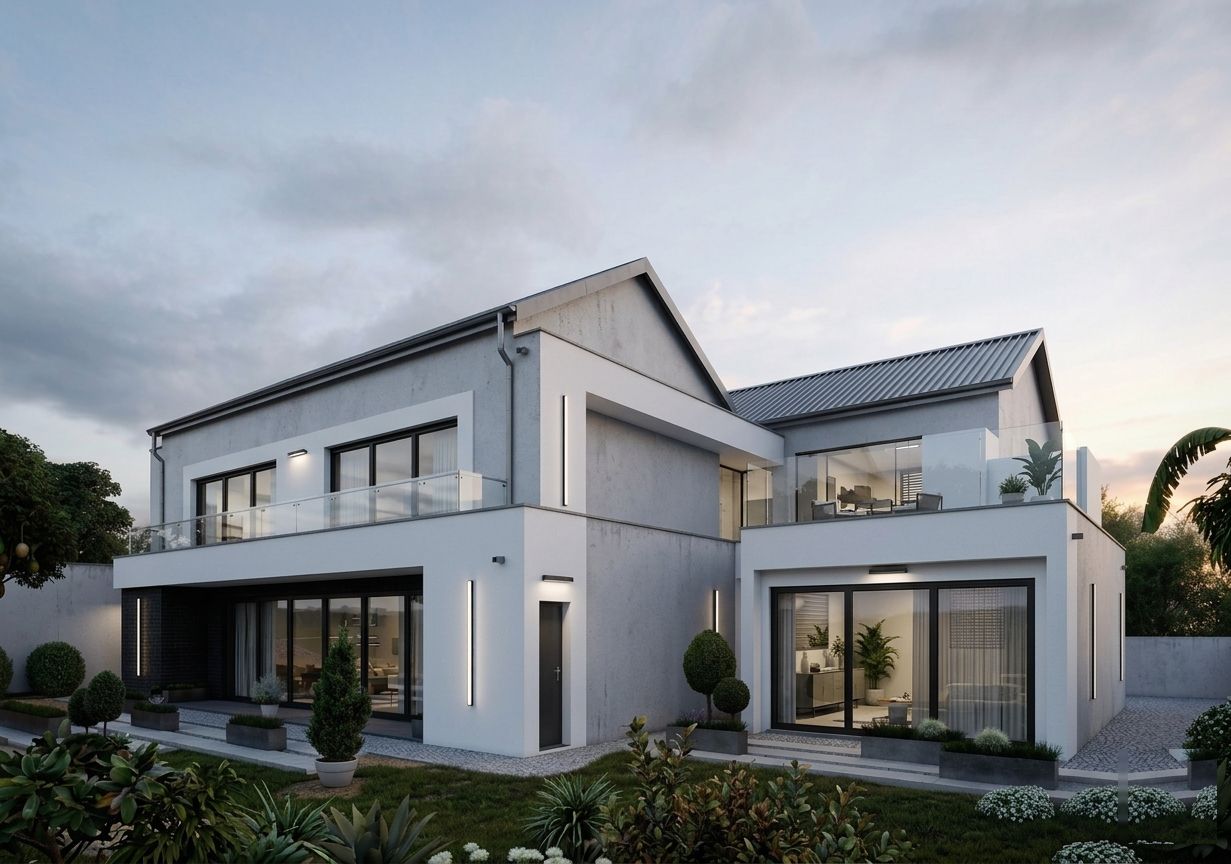 Mono — glazed living wing at dusk